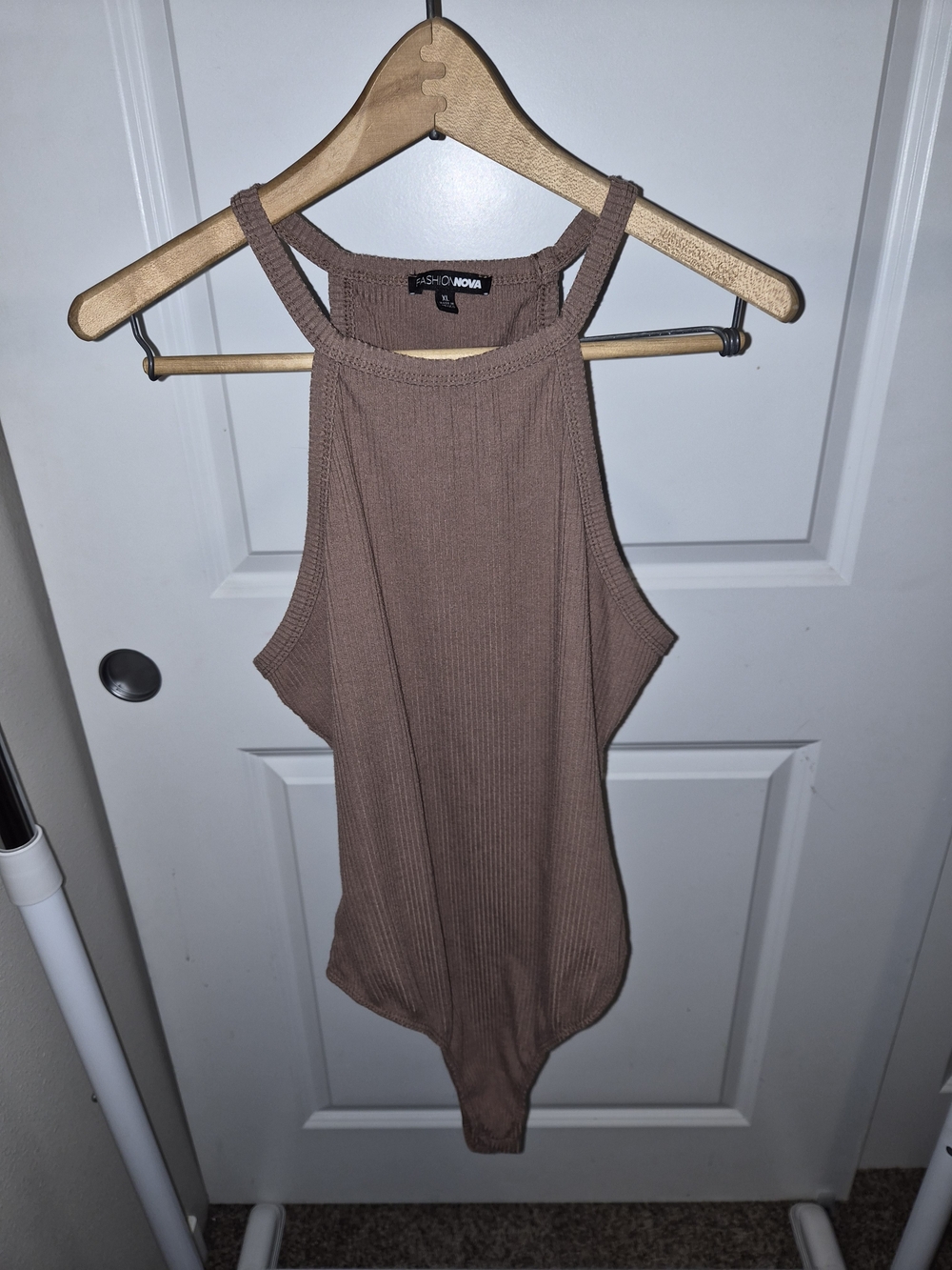 Fashion Nova Ribbed Halter Bodysuit in Taupe Brown